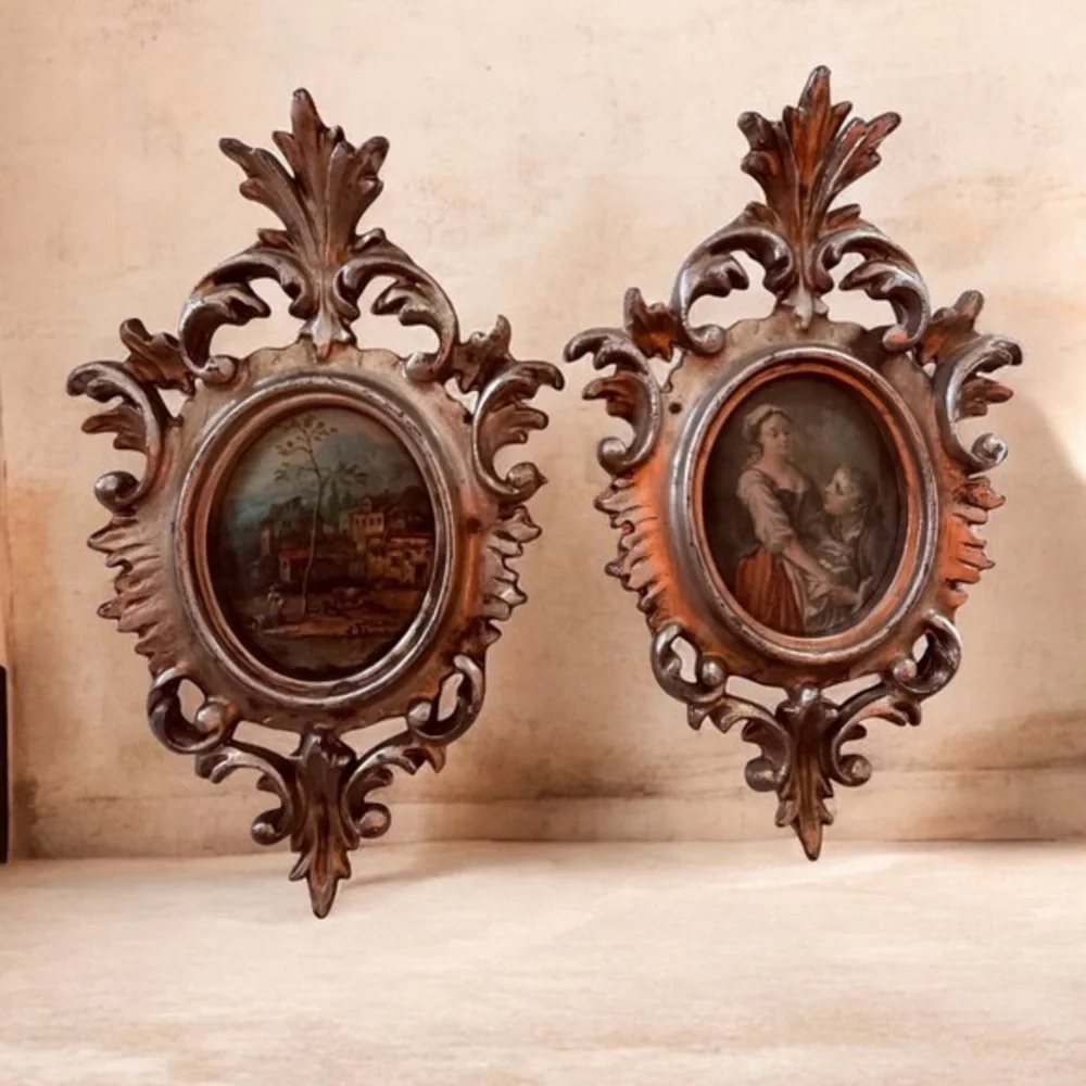 vintage Italian-style gilt gold framed silk prints